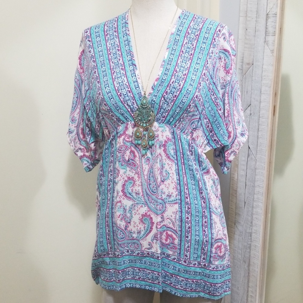Renee C Boho Paisley Printed Tunic Top White Multi